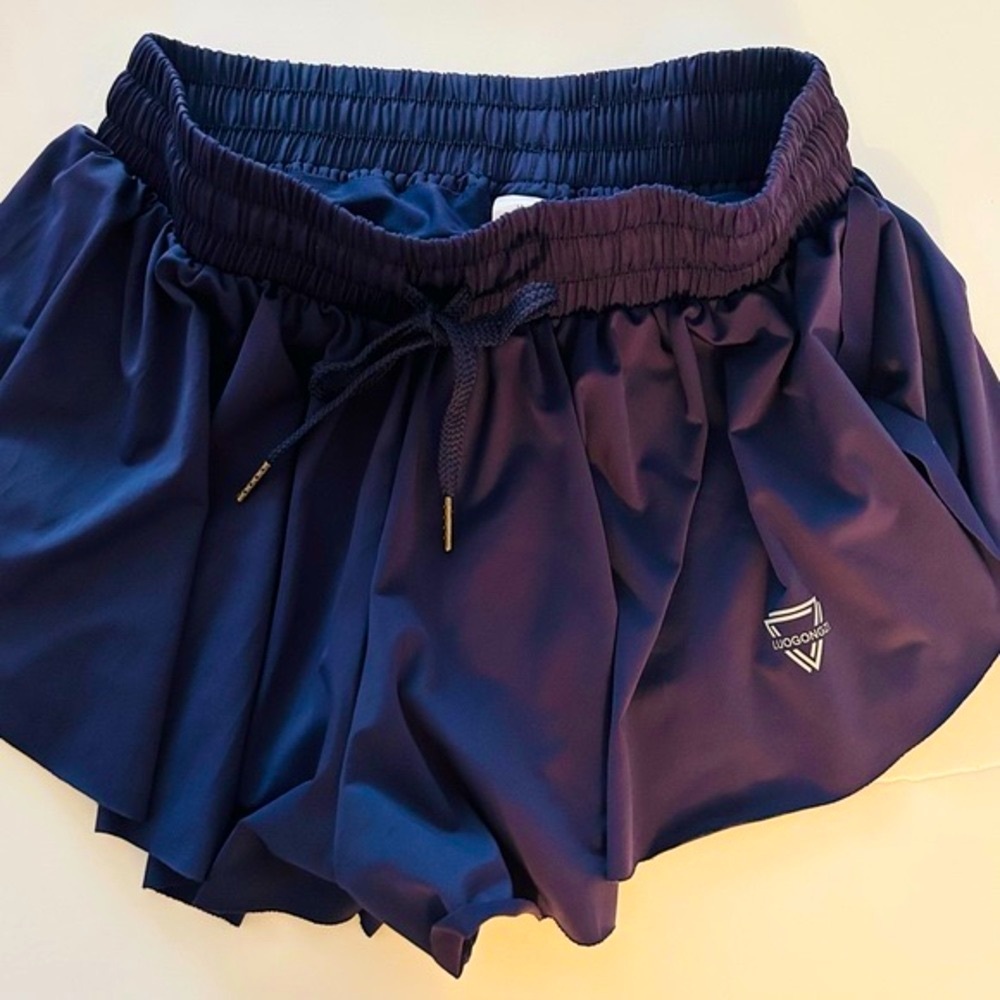 Women flowy 2 in 1 Elastic Drawstring Navy Blue Shorts /Skort Size M Luogongzi